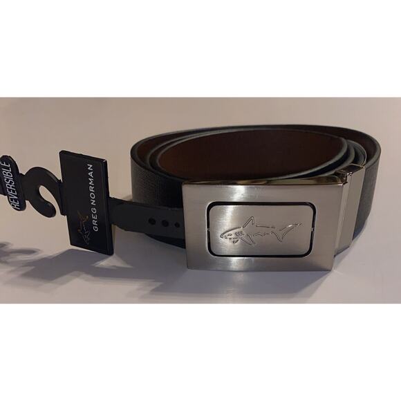 Greg Norman Genuine Leather Belt 44 Reversible Black/Brown Logo Buckle - NEW - Picture 1 of 3